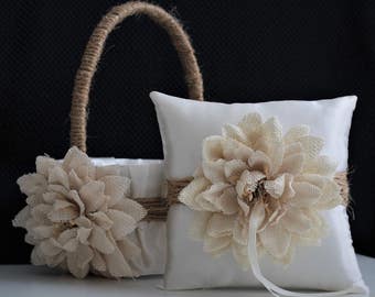 Rustic Flower Girl Basket and Ring Bearer Pillow Set, Flower Basket, Rustic Wedding Basket, Rustic Ring Pillow, Flower Girl Baskets Gift