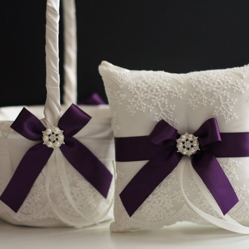 Flower Girl Basket and Ring Pillow Champagne and Eggplant Etsy