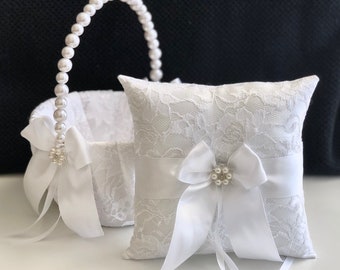 White Flower Girl Basket and Ring Bearer Pillow Lace Wedding Basket for Flower Girl Lace Ring Holder Lace Ring Pillow White Wedding Pillow