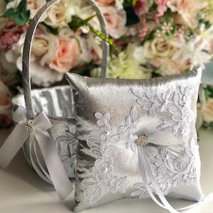 Silver Ring Bearer Pillow & Silver Flower Girl Basket Silver Wedding Basket Silver Ring Holder Silver White Wedding Ring Pillow Basket Set
