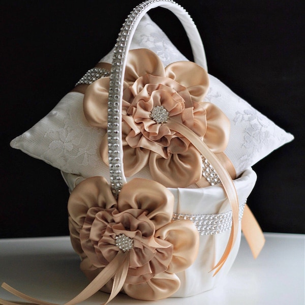 Beige Flower Girl Basket, Champagne Basket, Beige Ring Pillow, Wedding Ring Pillow, Ring bearer Pillow, Flower Girl Baskets, Ringkissen