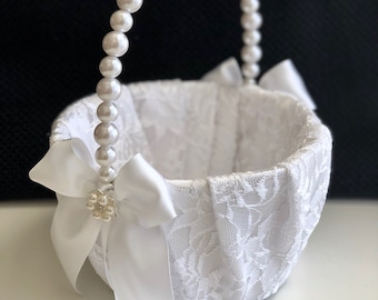 White Flower Girl Basket, White Wedding Basket, Flower girl baskets, Pearl handle basket, Flower girl gift, Lace Wedding Baskets