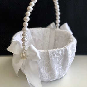 White Flower Girl Basket, White Wedding Basket, Flower girl baskets, Pearl handle basket, Flower girl gift, Lace Wedding Baskets