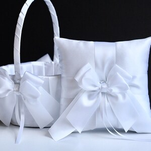 White Flower Girl Basket and Ring Bearer Pillow Set, White Flower Girl Baskets and Ring Bearer Pillows Sets, White Wedding Basket Pillow Set