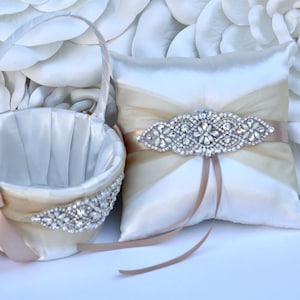 Flower Girl Basket and Ring Bearer Pillow Set Wedding Basket Ring Pillow Champagne Wedding Ceremony Flower Basket, Flower Girl Baskets