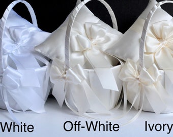 Flower Girl Basket and Ring Bearer Pillow Set in Top 3 Colors - White, Off-White and Ivory, Flower Girl Baskets and Ring Bearer Pillows Sets