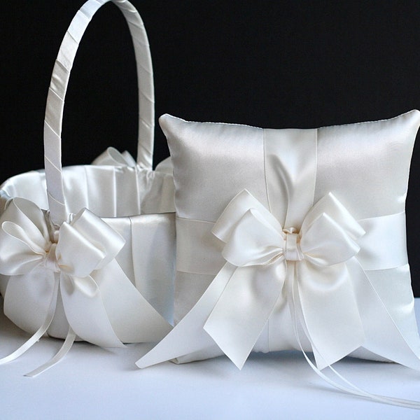 Ring Bearer Pillow and Flower Girl Basket Set in off white color, Wedding basket, Wedding Ring Pillow, Flower Girl Gift, Ring Bearer Gift