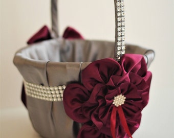 Flower Girl Basket Gray Burgundy Wedding Basket Gray Flower Basket Burgundy Flower Girl Baskets Gift Proposal Ceremony Basket for Wedding