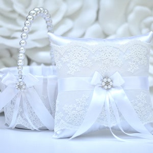 Bloem Meisje Mand Witte Ring Drager Kussen, Bloem Meisje Cadeau, Trouwring Kussen Wit Bruiloft Kussen, Bloem Meisje Set, Bloemenmand