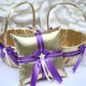 Flower Girl Basket and Ring Bearer Pillow Set Gold and Purple