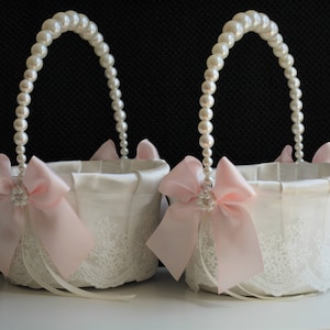Blush Flower Girl Basket, Blush Wedding Basket, Blush pink basket, Pink wedding basket, Pearl handle basket, Flower Girl Baskets