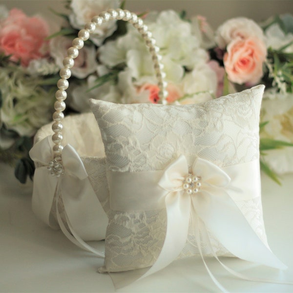 Ivory Flower Girl Basket and Ring Bearer Pillow Lace Wedding Basket for Flower Girl Lace Ring Holder Lace Ring Pillow Ivory Wedding Pillow