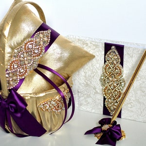 Gold Flower Girl Basket & Ring Bearer Pillow Plum Wedding Flower Basket Plum Ring Pillow Plum Wedding Basket Gold Guest Book and Pen