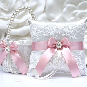 Flower Girl Basket en Ring Bearer Pillow Set Dusty Rose Wedding Basket, Dusty Pink Wedding Pillow, Pink Ring Pillow, Pearl Handle Basket