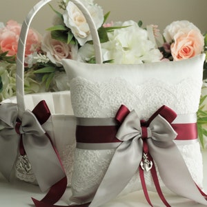 Gray Flower Girl Basket Gray bordeauxrood Bruidsmand grijze ring drager kussen kussen kussen mand set ringhouder Kant bloemmand
