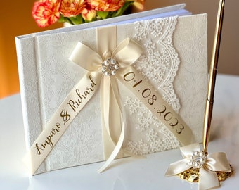 Guest Book with Pen Ivory Wedding Guest Book, Lace Guest Book, Custom Guest Book, Personalized Wedding, Sign in Book, Unique Guest Book