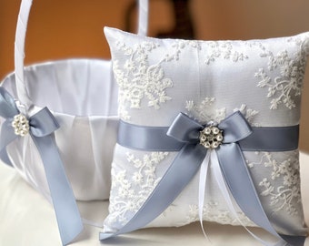 Dusty Blue Wedding Flower Girl Basket and Ring Bearer Pillow Set, Dusty Blue Basket, Dusty Blue Ring Pillow, Ringkissen, Blue Wedding Basket