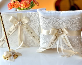 Ivory Ring Bearer Pillow and Wedding Guest Book with Pen, Custom Ring Pillow, Custom Guest Book, Personalized Pillow, Lace Guest Book