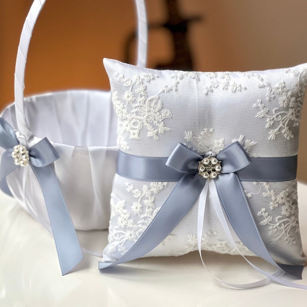 Dusty Blue Wedding Flower Girl Basket and Ring Bearer Pillow Set, Dusty Blue Basket, Dusty Blue Ring Pillow, Ringkissen, Blue Wedding Basket