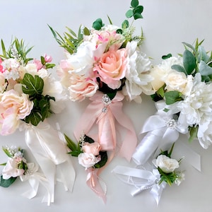 Pink Bride Bouquets, Ivory Wedding Bouquet, Bridesmaid Gift, Bridesmaid Bouquets, White Bouquet, Bridal Bouquets, Artificial flower bouquet