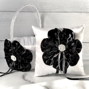 Black White Wedding, Black Flower Girl Basket, Black Ring Pillow, Ring Bearer Pillow, Black Wedding Basket, White Wedding Pillow