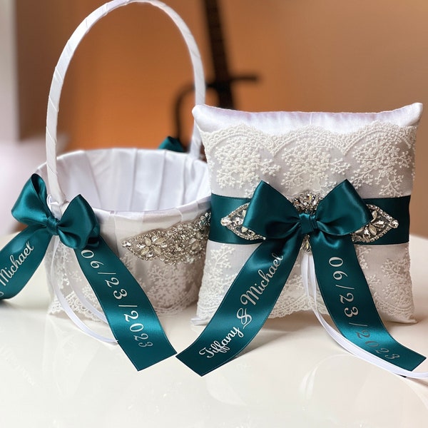 Teal Flower Girl Basket and Ring Bearer Pillow Set, Teal Wedding Basket Pillow Set, Personalized Wedding Accessories, Custom Teal Weddings