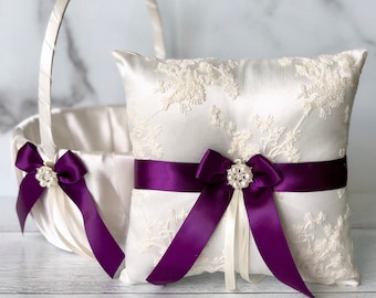 Plum Flower Girl Basket and Ring Bearer Pillow Set Plum Ring Pillow Lace Wedding Pillow Plum Wedding Basket Plum Wedding Pillow Basket Set