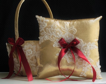 Gold Wedding Baskets, Burgundy Ring Bearer, Gold Flower Girl Basket, Burgundy Wedding Basket pillows Set, Lace Gold Bearer, Gold Ring Pillow
