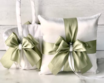 Pastel Green Flower Girl Basket, Green Wedding Basket, Sage Green Basket Pillow Set, Green Flower Basket