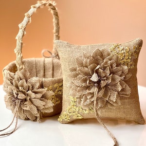 Rustic Flower Girl Basket and Ring Bearer Pillow Set Shabby Chic Basket Wedding Burlap Basket Rustic Ring Pillow Rustic Wedding Basket