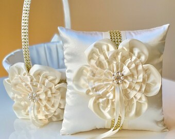 Ring Bearer Pillow and Flower Girl Basket Set, Ivory Wedding Basket Accessories Wedding Ring Pillow Gold Wedding Pillow Ivory Flower Basket