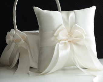 Flower Girl Basket and Ring Bearer Pillow Set, Wedding Basket, Off White Basket for Wedding, Flower Girl Baskets Gift Proposal Flower Basket