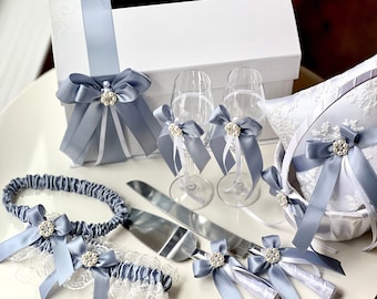 Dusty Blue Wedding Accessories, Flower Girl Basket, Ring Bearer Pillow, Cake Serving Set, Bridal Garter Set, Champagne Glasses, Card Box
