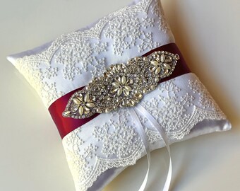Burgundy Ring Pillow Lace Wedding Pillow Ring Bearer Pillow for Rings Red Ring Holder Lace Ring Pillow Wedding Ceremony Pillow Ring Cushion