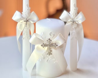 Unity Candle Set Wedding Candle Set Unity Candles with Cross Wedding Ceremony Candles White Wedding Candles Church Candles Lace Candle Set