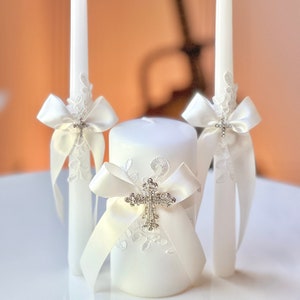Conjunto de velas de unidade Conjunto de velas de casamento Conjunto de velas de unidade com cruz Velas de cerimônia de casamento Velas de casamento brancas Velas de igreja Conjunto de velas de renda
