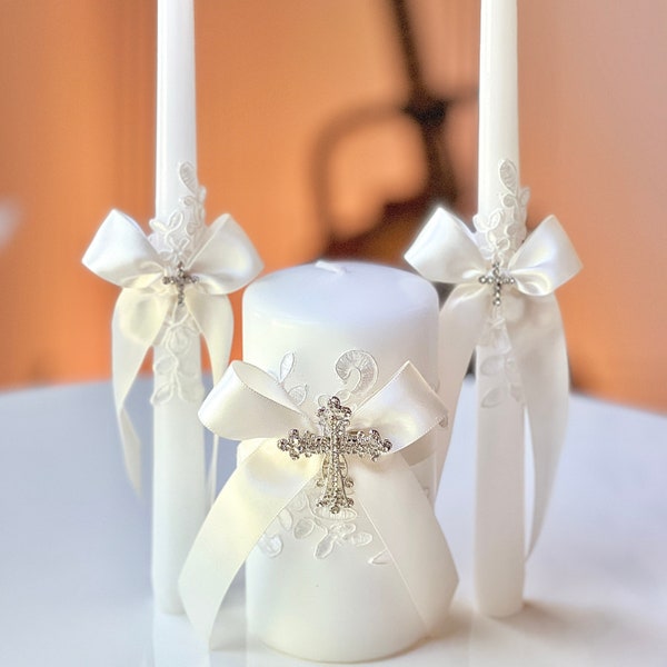 Unity Candle Set Wedding Candle Set Unity Candles with Cross Wedding Ceremony Candles White Wedding Candles Church Candles Lace Candle Set