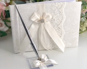 Off-White Guest Book with Pen, Off White Guest Books, Wedding Guest Book, Wedding Sign in Book with Pen, Lace Guest Book