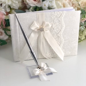 Off-White Guest Book with Pen, Off White Guest Books, Wedding Guest Book, Wedding Sign in Book with Pen, Lace Guest Book