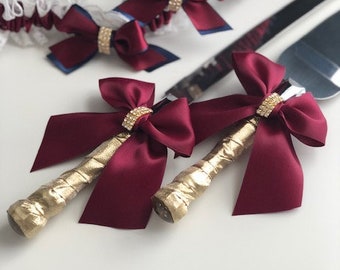 Burgundy Cake Server Set / Gold Wedding Cake Cutting Set / Red Cake Serving set / Wedding cake knife and Server \ Gold Wedding knife set