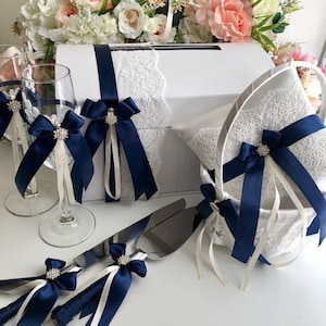 Navy Flower Girl Basket, Blue Wedding Pillow, Navy Guest Book and Pen, Navy Card Box, Blue Money Box, Navy Blue Wedding Basket