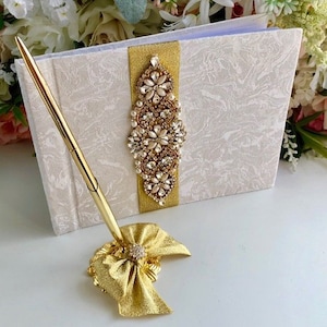 Gold Guest Book with Pen, Wedding Guest Book, Wedding Guestbook, Custom Guest Book, guest book sign, unique guest book, wedding sign