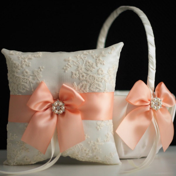 Flower Girl Basket Peach Ring Bearer Pillow Peach Wedding Basket Peach Wedding Pillow Peach Ring Pillow,  Peach Pillow Basket Set