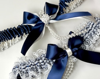 Navy Wedding Garters Bridal Garter Set Navy Blue Garters Navy Prom Garter Bridal Shower Gift Blue Wedding Garter Set Keepsake Toss Garter