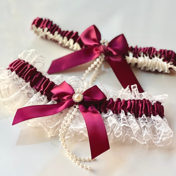 Ensemble de jarretière de mariée de mariage, ensemble de jarretière de mariage, jarretières de Bourgogne, jarretières de mariée de vin, jarretières de mariage en dentelle, jarretière de toss de souvenir avec dentelle