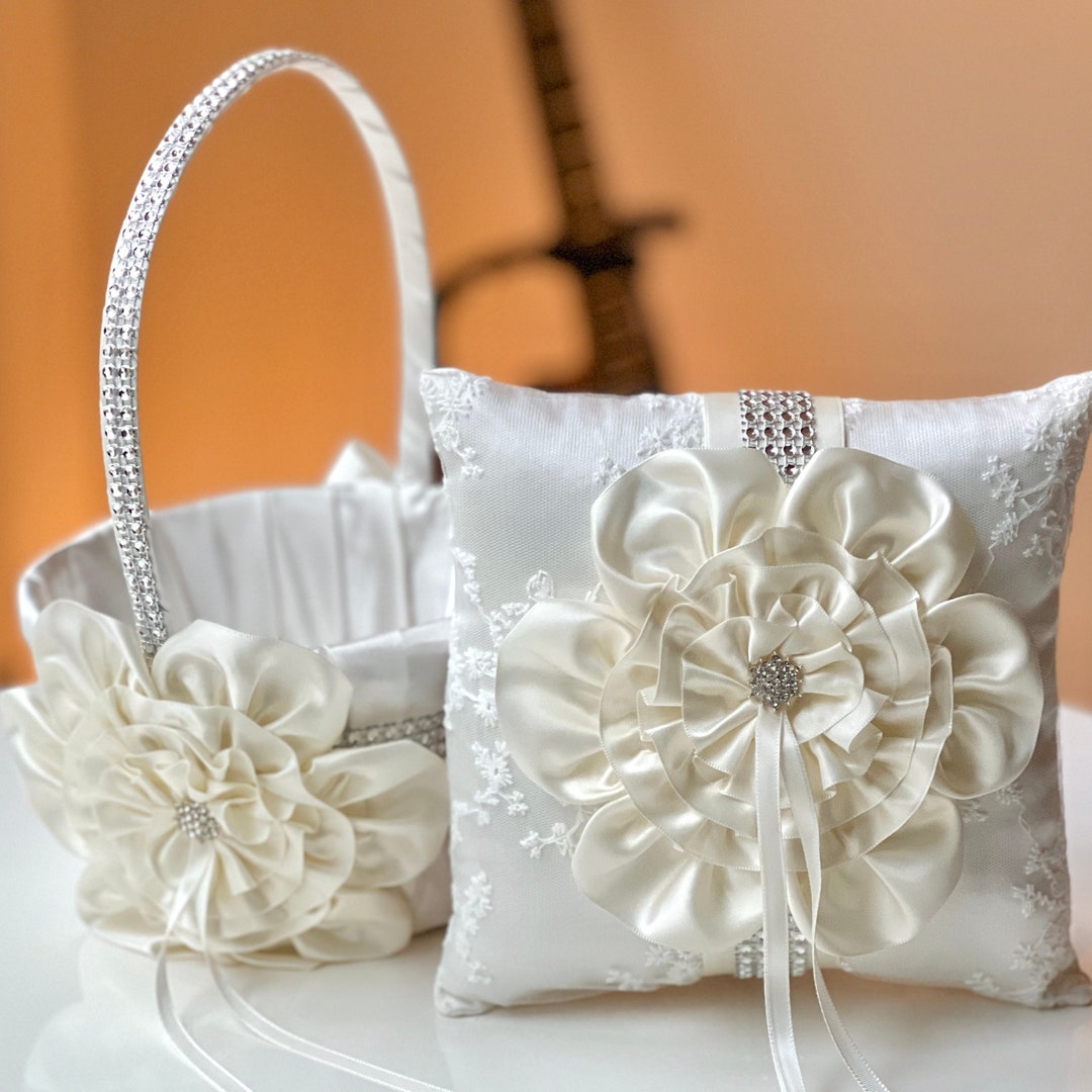 Ivory Wedding Basket and Ring Pillow Set Ivory Ring Bearer Pillow Ivory