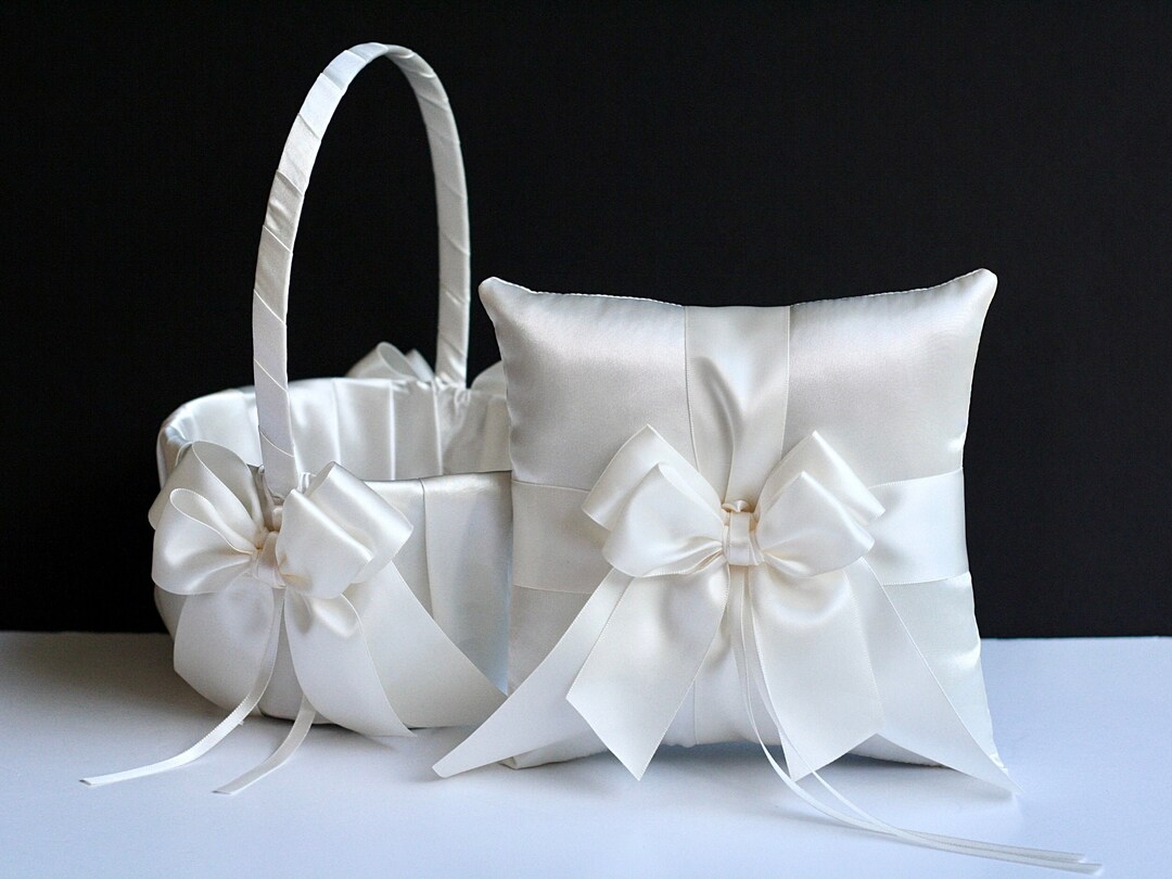 Ring Bearer Pillow and Flower Girl Basket Set in off White Color