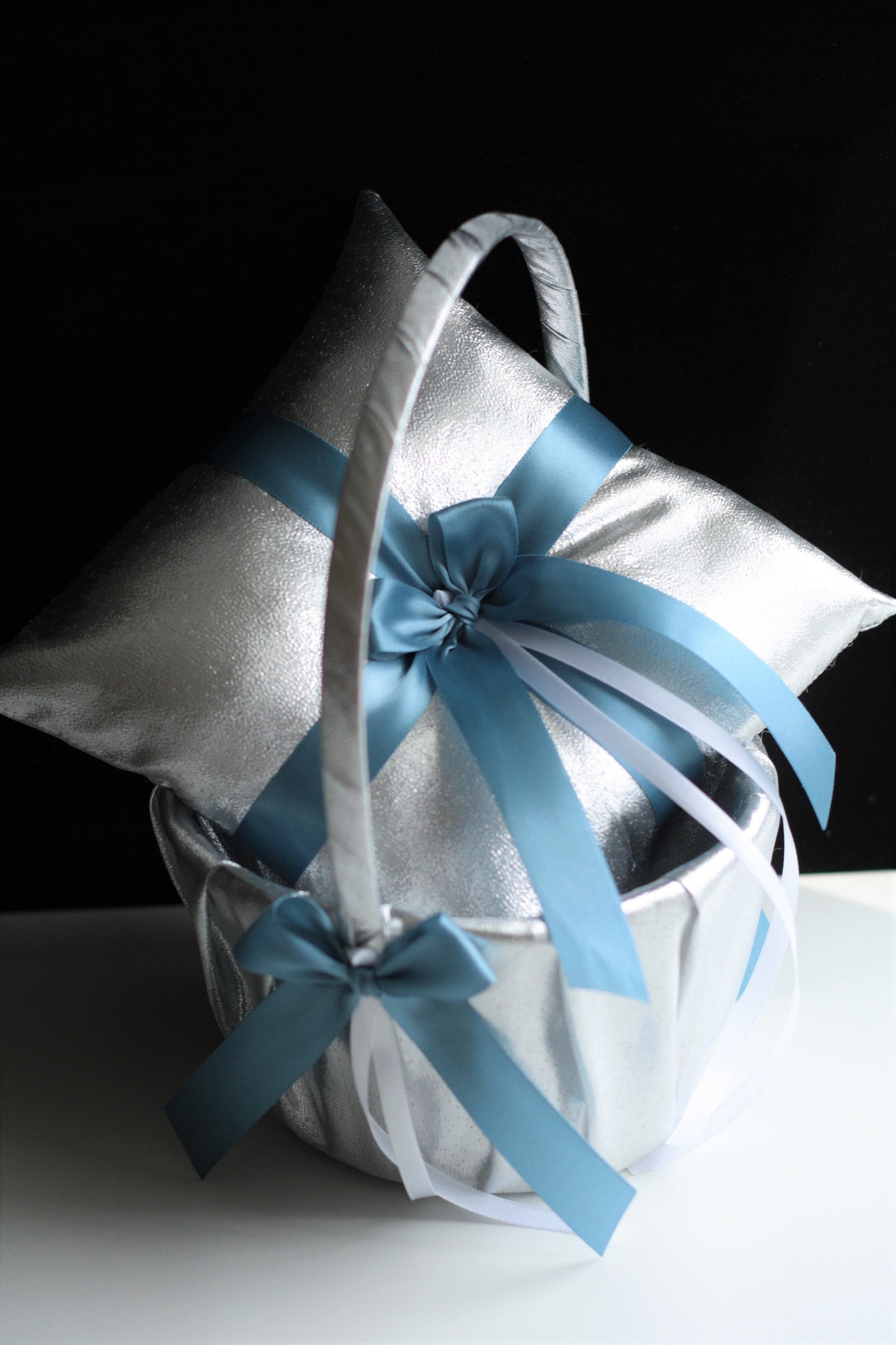 Silver Flower Girl Basket Antique Blue Basket Silver Wedding Etsy