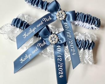 Ligas de boda azules de acero para novias, juego de ligas nupciales azules, ligas de fiesta para boda, liga personalizada, recuerdo, regalo de despedida de soltera