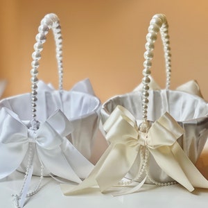 ivory or white wedding baskets with pearl handle